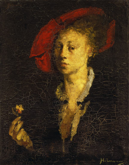 Lady with a red cap and pink from Hugo von Habermann