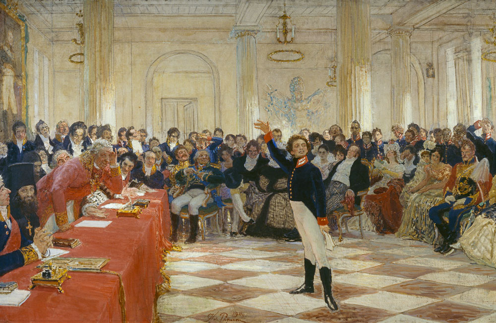 Alexander Pushkin at an examination in the Lyceum of Tsarskoye Selo on January 8, 1815 from Ilja Efimowitsch Repin
