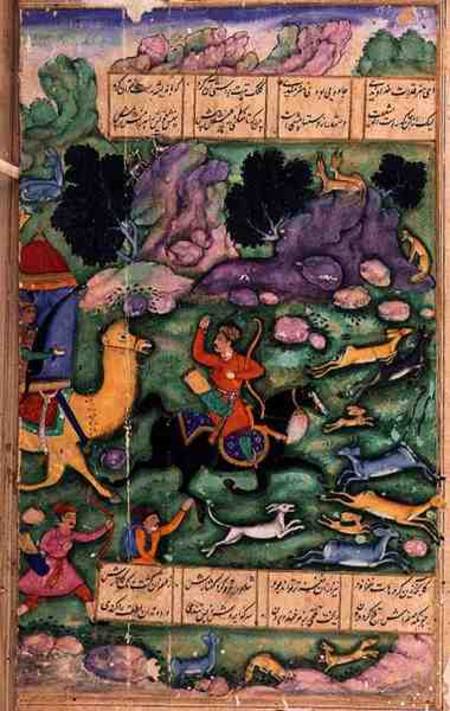 Bahram Gur Showing his Prowess While Hunting with Azad, folio 107a, from 'The Eight Paradises', writ from Indian School