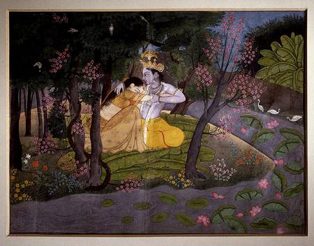 Krishna and Radha embracing in a grove, Kangra, Himachal Pradesh, Pahari School from Indian School
