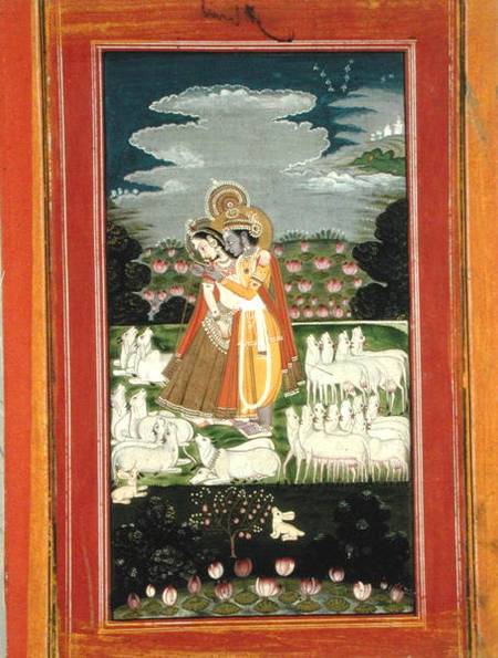 Radha and Krishna embrace in an idealised landscape with cows from Indian School