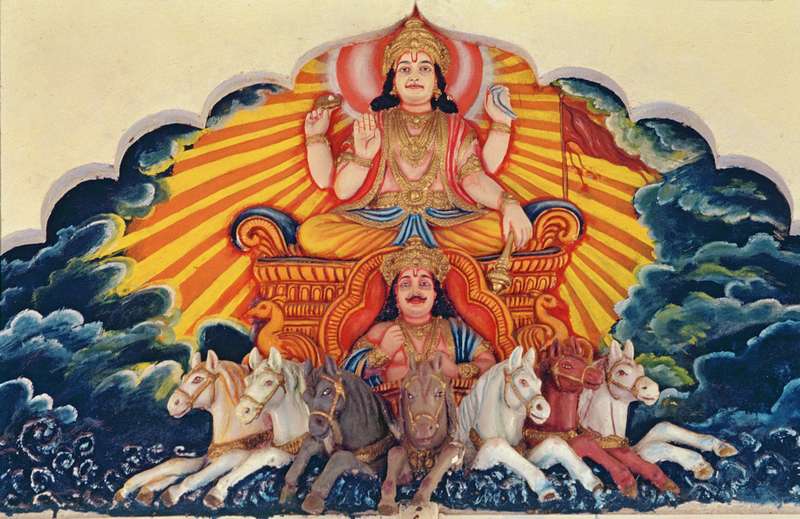 Surya Narayan, the Sun God (painted relief)  from Indian School