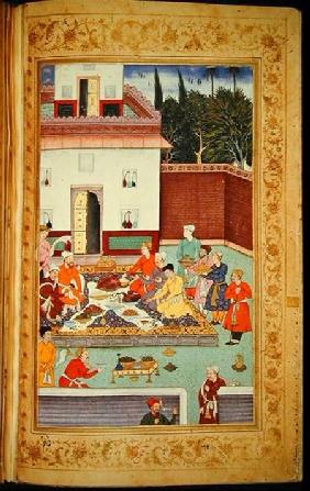 OR 3714 f.260v Mughal Emperor Feasting in a Courtyard, from the Baburnama of Dhanraj
