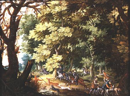 A Wooded Landscape with Hunters and Hounds (oil on copper) from Isaak van Oosten