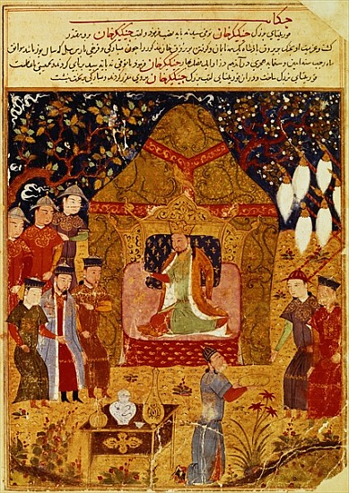 Genghis Khan in his tent Rashid al-Din (1247-1318) from Islamic School