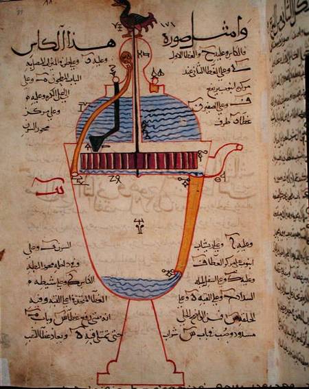 Mechanical device for pouring water, illustration from the 'Treatise of Mechanical Methods', by Al-D from Islamic School