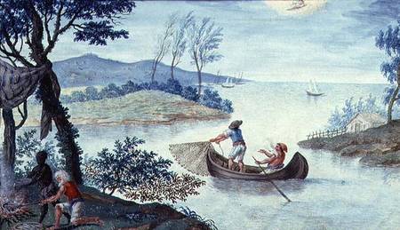 Fishing scene depicting the month of July, one of a series of twelve from Italian pictural school
