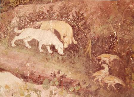 The Month of June, detail of dogs and partridges from Italian pictural school