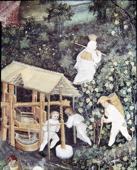The Month of October, detail of grape-pickers pressing grapes from Italian pictural school
