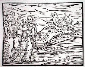 Witch astride a diabolical goat, copy of an illustration from 'Compendium Maleticarum' by Mr F Guacc