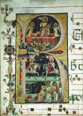 Historiated initial 'R' depicting the resurrection, two knight saints and a bishop saint receiving r from Italian School, (14th century)