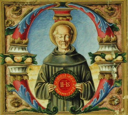 Historiated initial 'M' depicting St. Bernardino of Siena (vellum) from Italian School, (15th century)