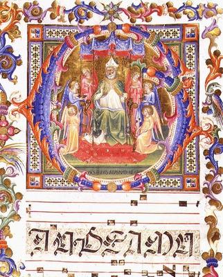 Ms 557 f.35v Historiated initial 'O' depicting Aegidius (St. Giles) (d.c.700) enthroned surrounded b from Italian School, (15th century)