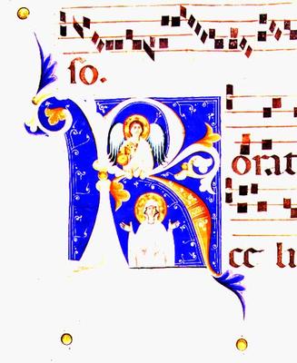 P 23 V Historiated initial 'R' depicting an angel and a female saint (vellum) from Italian School, (15th century)