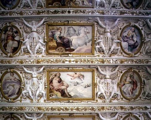 The first floor hall, detail of mythological figures, ceiling decoration, 1568 from Italian School, (16th century)