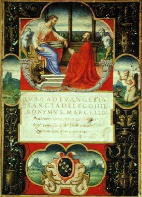 G. Marcello kneeling before St. Marco and St. Jerome and the coat of arms of the Marcello Familly, 1