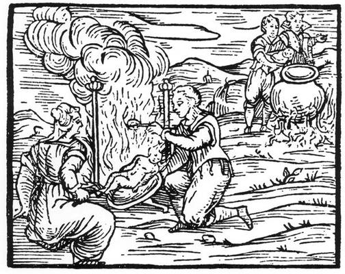 Witches roasting and boiling infants, copy of an illustration from 'Compendium Maleticarum' by Fr M from Italian School, (17th century) (after)