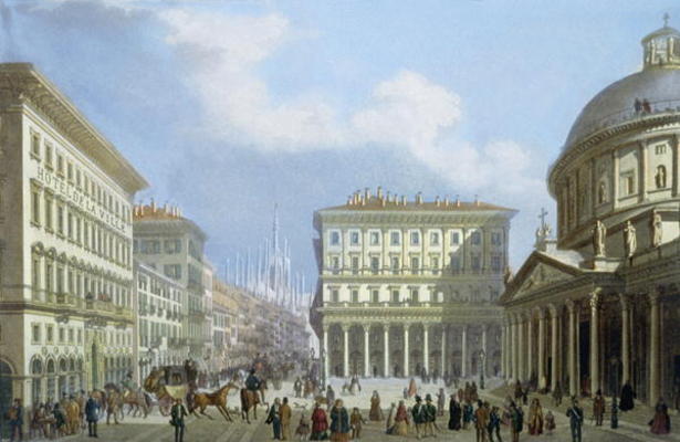 The City Hall and Piazza di San Carlo from 'Views of Milan and its Environs' (colour litho) from Italian School, (19th century)