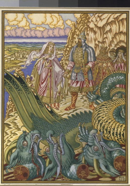Dobrynya Nikitich rescues Zabava Putyatishna from the dragon Gorynych from Ivan Jakovlevich Bilibin