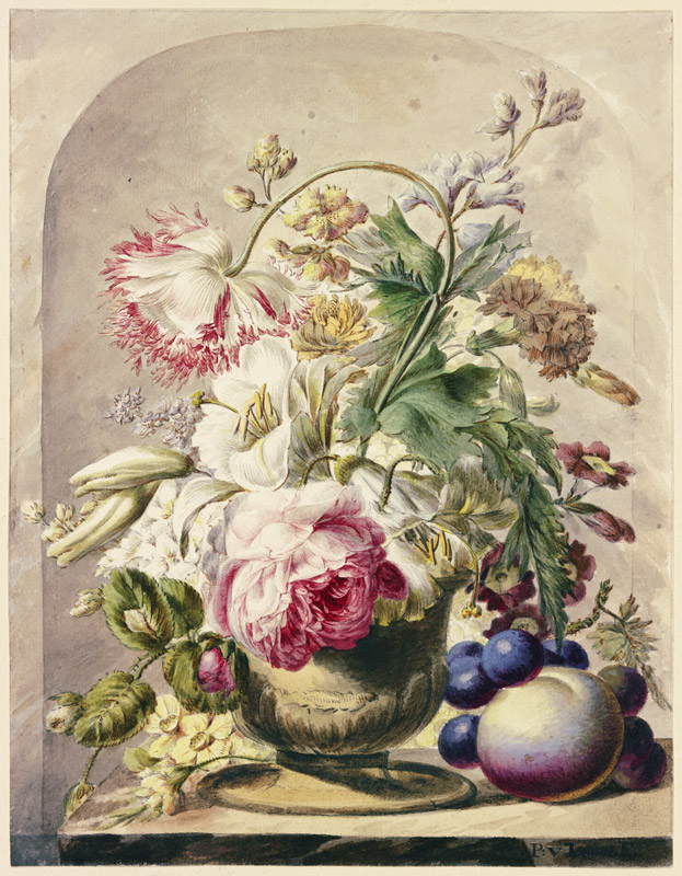 Bouquet in einer Vase, vorne rechts ein Pfirsich und einige Trauben from J. H. van Loon