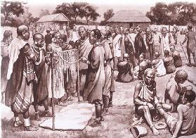 Market scene in Kikuyu, from MacMillan school posters, c.1950-60s