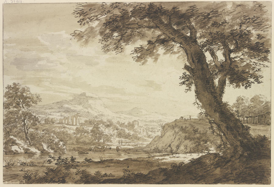 Italienische Landschaft mit Ruinen, rechts bei einem Wasser ein großer Baum from Jacob Cats
