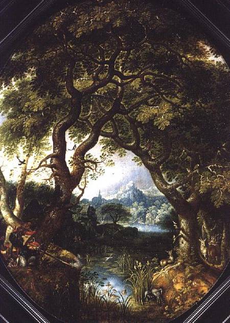 A Wooded Landscape with Hunters by a Stream from Jacob I Savery