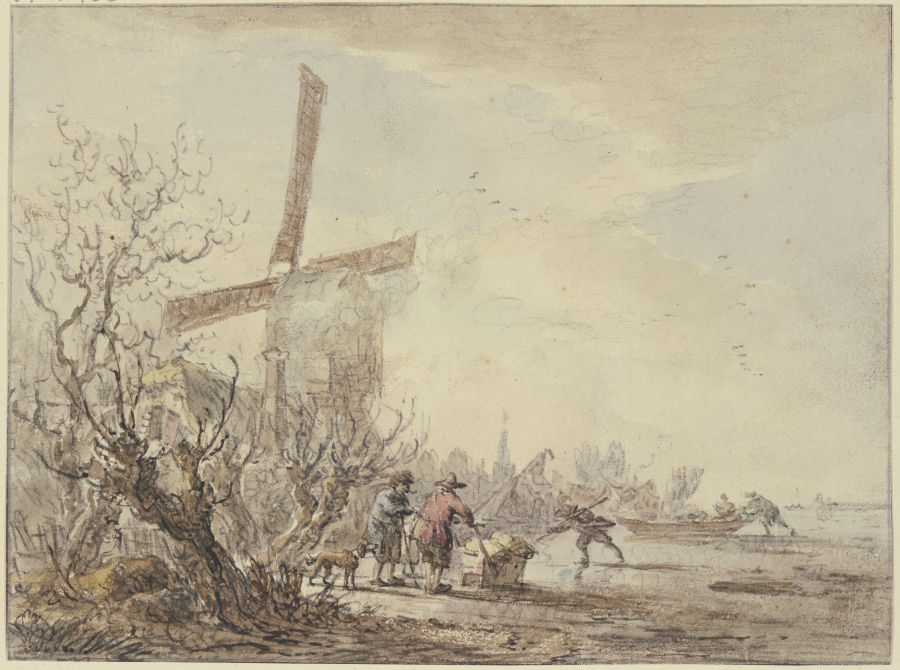 Riverbank with windmill from Jacob van Strij