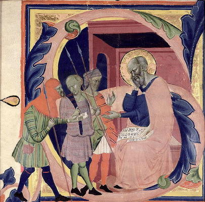Historiated initial 'S' depicting Job receiving messengers with bad news (vellum) from Jacopo del Casentino