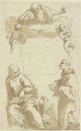 Gottvater mit Taube und Engeln über leerem quadratischem Feld, darunter Johannes der Evangelist und 