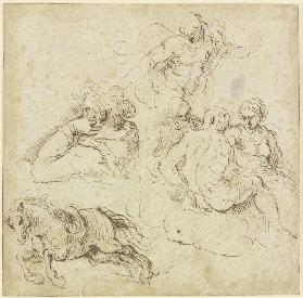 Study sheet with galloping horse, a woman in profile looking left, a group of figures on clouds and 