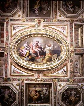 The 'Sala delle Muse' (Hall of the Muses) detail of the coffered ceiling decoration depicting Apollo