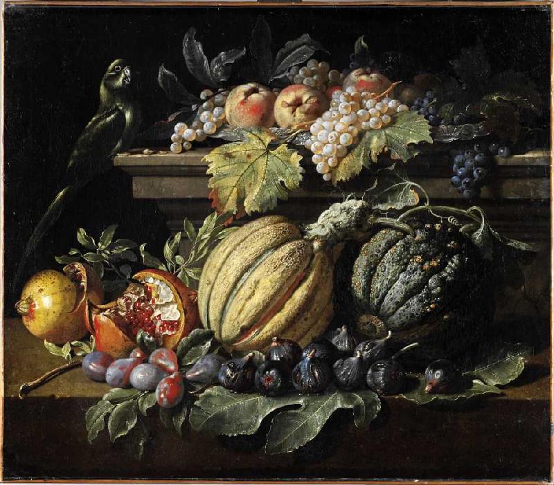 Fruchtstück mit Melonen, Weintrauben, Feigen, Granatäpfeln, Pfirsichen und einem Papagei. from Jacopo da (eigentlich Jacob van de Kerckhoven) Castello
