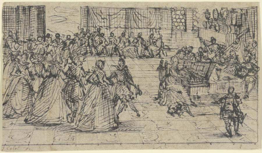 Kavaliere und Damen beim Tanze, eine Dame spielt Klavier und wird von einem Orchester begleitet from Jacques Callot