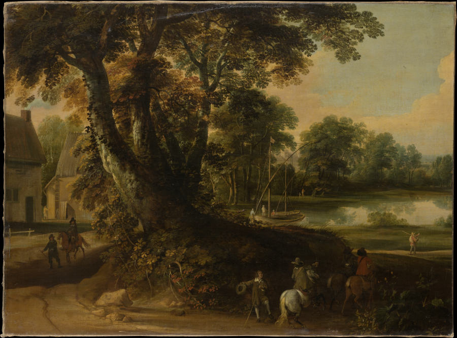 Landscape with a Group of Trees at the Shore of a Lake, Three Riders on the Road in the Foreground from Jacques d' Arthois