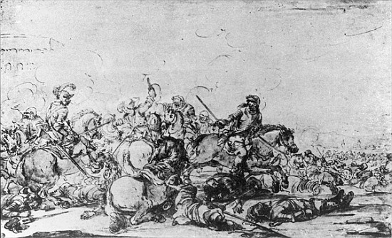 A Cavalry Battle (chalk, pen and ink on paper) from Jacques (Le Bourguignon) Courtois
