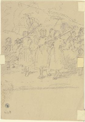 Eine Gruppe Bauernmädchen mit Rechen