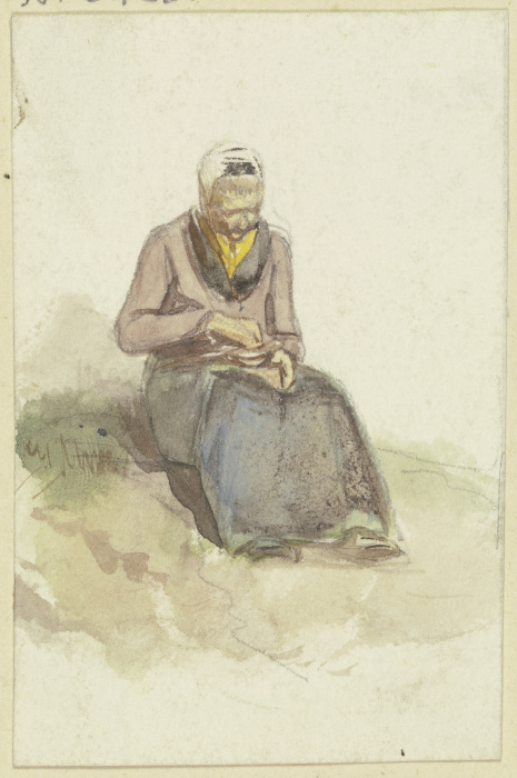 Auf einem Rasen sitzt eine alte Frau und hält eine Schale mit Milch auf dem Schoß from Jakob Furchtegott Dielmann