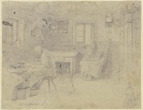 Bauernstube, links sitzt der Schuster an der Arbeit, rechts am Fenster die Frau mit dem Kind