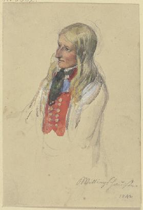 Brustbild einer jungen blonden Bäuerin in roter Weste und weißem Rock