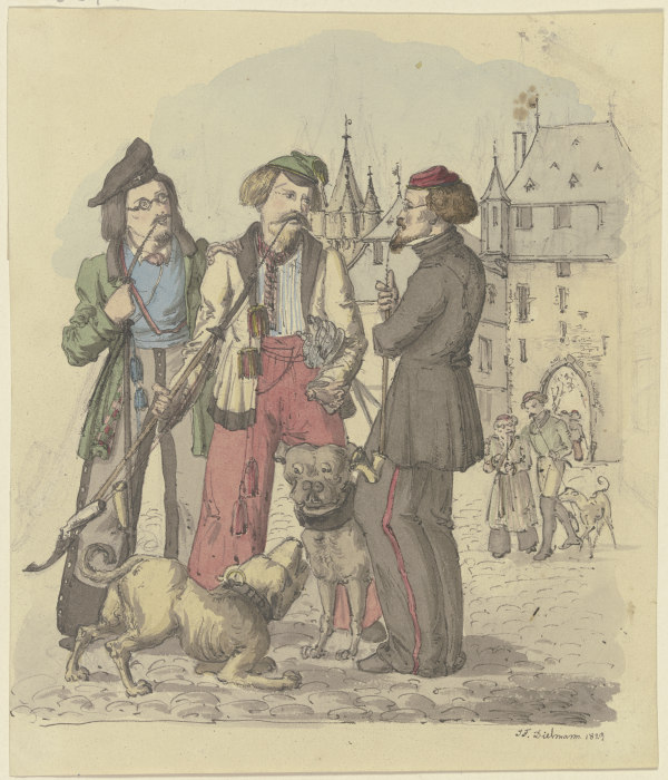 Drei rauchende Studenten mit zwei Hunden from Jakob Furchtegott Dielmann