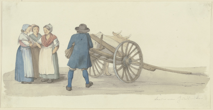 Ein Bauer und drei Frauen vom Hunsrück bei einer Karre, dahinter ein Rind from Jakob Furchtegott Dielmann