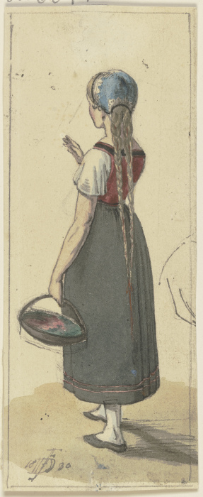 Ein Mädchen mit langen Zöpfen und einem Körbchen in Rückenansicht from Jakob Furchtegott Dielmann