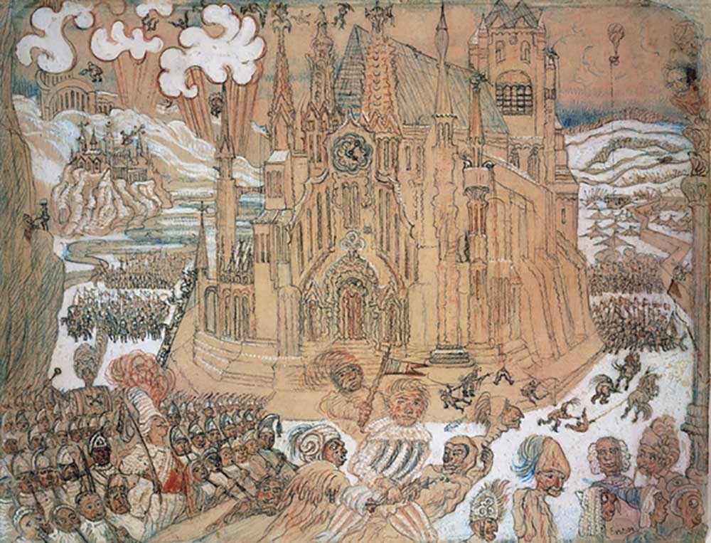The cathedral, 1892, by James Ensor (1860-1949), pastels and gouache on paper, 22x29 cm. Belgium, 19 from James Ensor