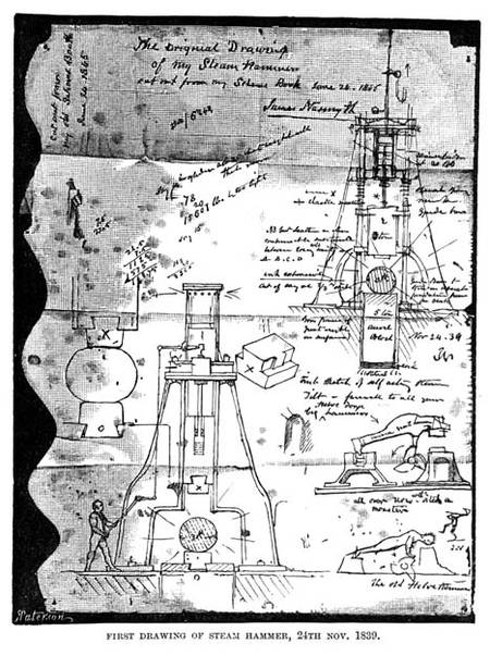 First Drawing of Steam Hammer, 24th November 1839, from a torn out page from Nasmyth's sketch book, from James Nasmyth