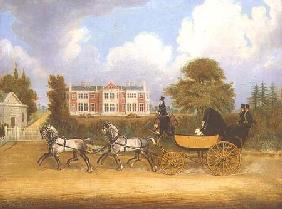 A Barouche drawn by Four Greys passing a Jacobean Mansion