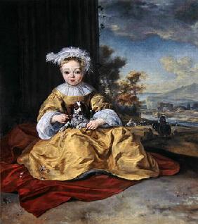 A Child in a yellow dress holding a dog (oil on canvas)