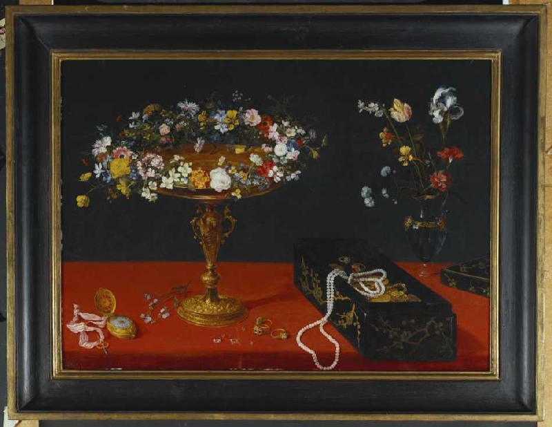 Stillleben mit Blumenkranz, Lackdose, Taschenuhr und Blumenstrauß in einer Glasvase. from Jan Brueghel d. J.