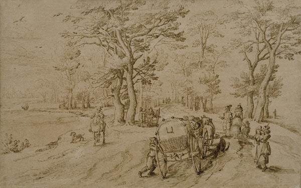 J.Brueghel d.Ä., Kutsche auf Landstraße