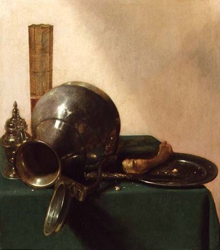 A still life of an overturned jug, a glass of wine, a bone on a plate, all on a green tablecloth from Jan Jansz. den Uyl
